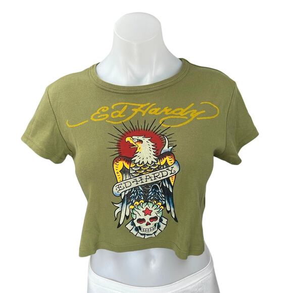 Urban Outfitters Ed Hardy Green Eagle Skull Graphic Cropped Tee T-Shirt Top XL - Picture 1 of 5